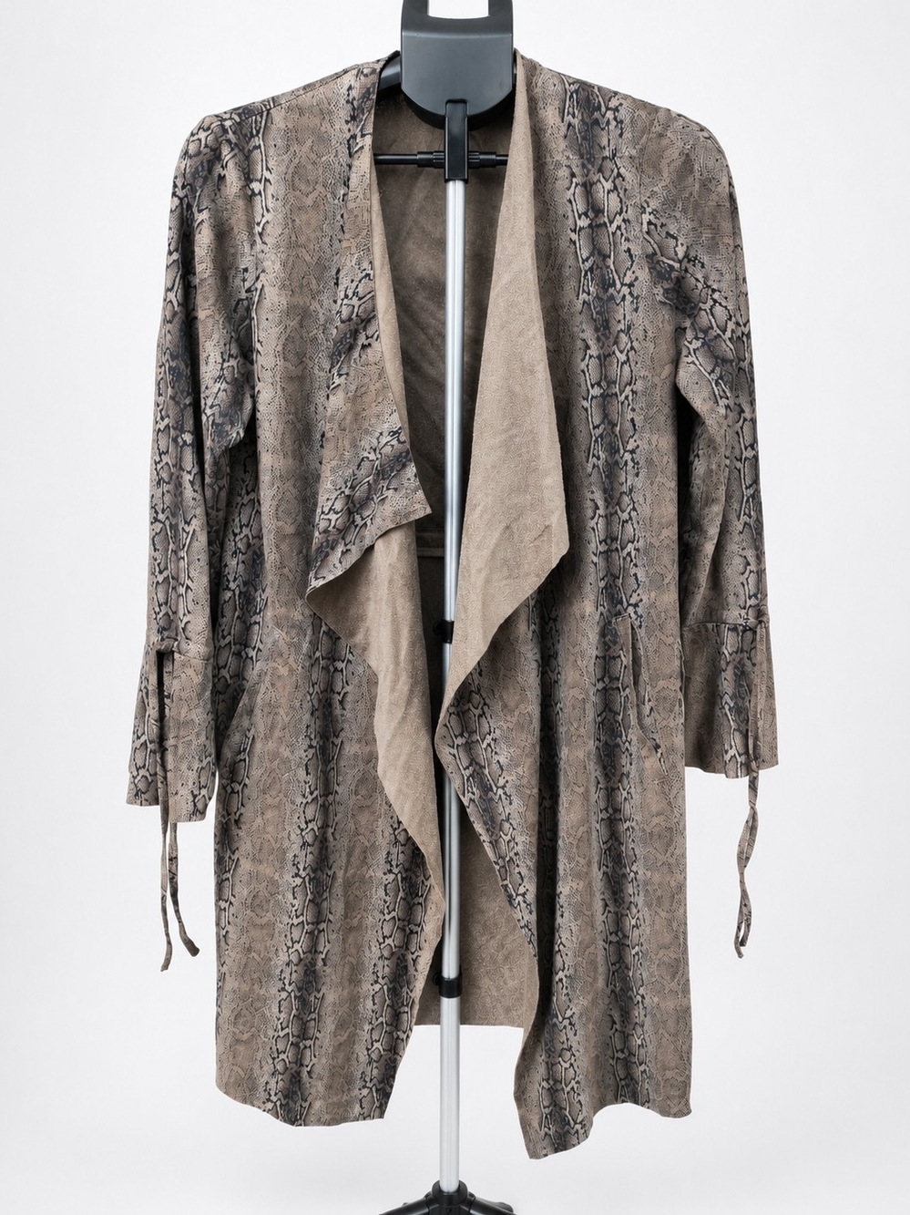 Mystree Taupe Snake-Print Open Front Trench